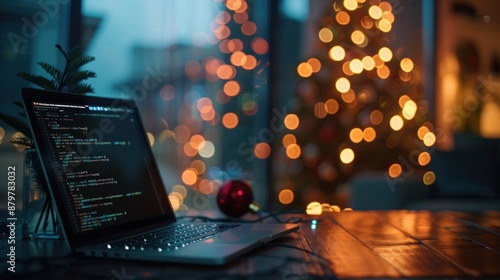 A laptop is open on a table next to a cup of coffee. Generate AI image