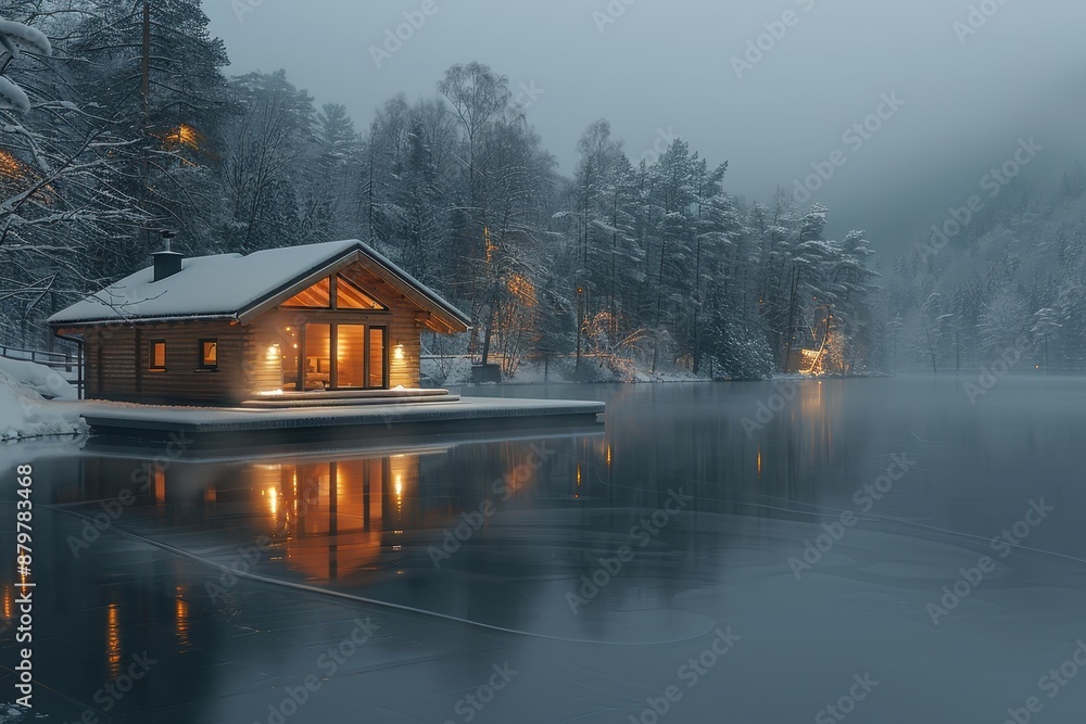 Fototapeta premium A serene Finnish sauna by a frozen lake, with steam rising from the water and snow-covered trees all around. 