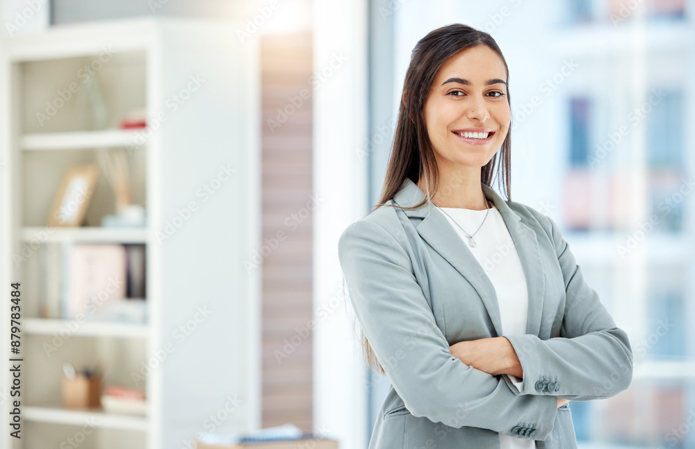 Portrait, arms crossed and happy woman in office for business and pride for career or job. Female person, smile and human resources management for corporate company or law firm in New York city Portrait, arms crossed and happy woman in office for business and pride for career or job. Female person, smile and human resources management for corporate company or law firm in New York city