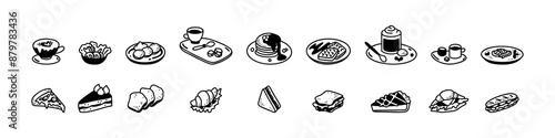 Minimalist breakfast design elements. Boho menu food set. Brunch, lunch, dinner hand drawn elements. Doodle sketch drawing. Coffee aesthetic. Modern cafe brasserie concept. Boho style meal