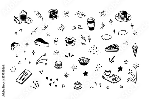 Cute line doodle coffee icons. Cafe line art minimalist design elements. Coffee day holiday celebration. Breakfast, brunch, lunch menu drawings. Sketch donut, cheesecake, burger, cup, mug, croissant