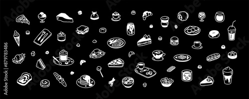 Coffee chalkboard. Hot, cold drinks and desserts in doodle stile. Cute line food elements. Minimalist icons for restaurant, cafe, patisserie, bakery, confectionary, coffeeshop menu