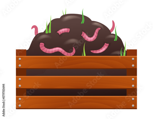 Vermicompost pile in a box. Vector 3D clipart.