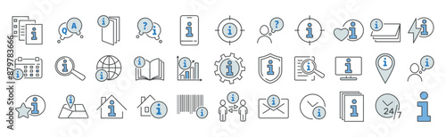 Information center line icon set. Guide, manual, help, hint, answer, tutorial, booklet, leaflet, search, settings, web, book, flyer, reception vector illustration. Editable Stroke.