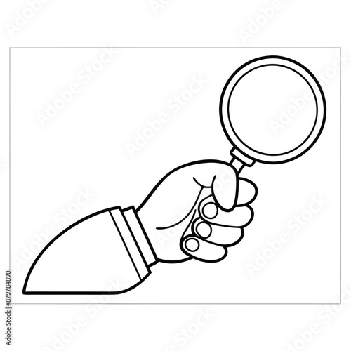 hand holding a magnifying glass. illustration line art style