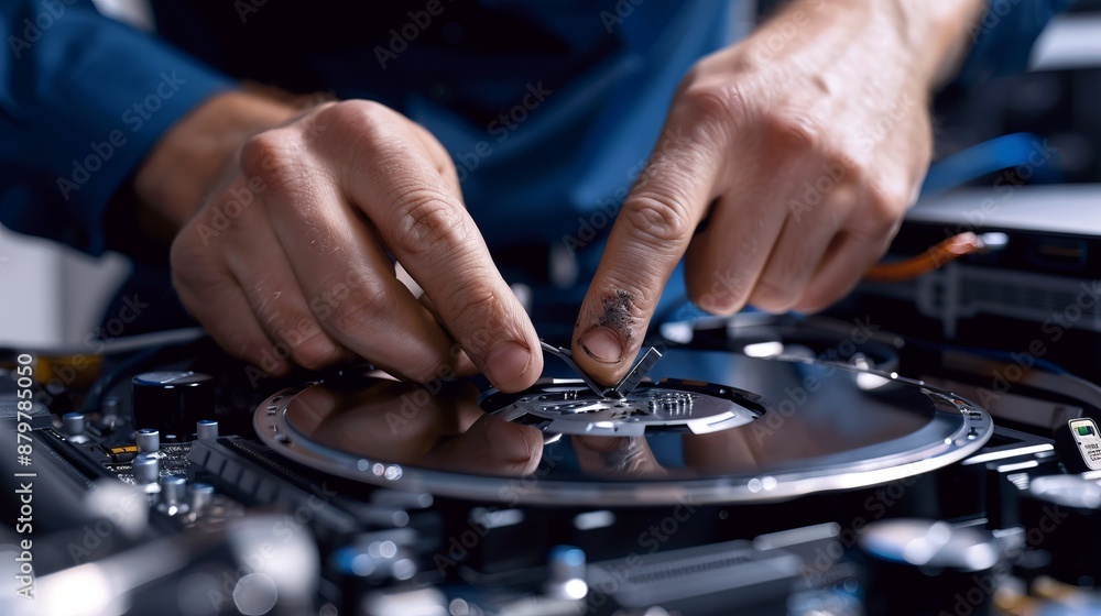 A technician is repairing a computer's internal hardware components, showcasing precision and careful attention to detail needed in maintaining and optimizing computer performance. A technician is repairing a computer's internal hardware components, showcasing precision and careful attention to detail needed in maintaining and optimizing computer performance.