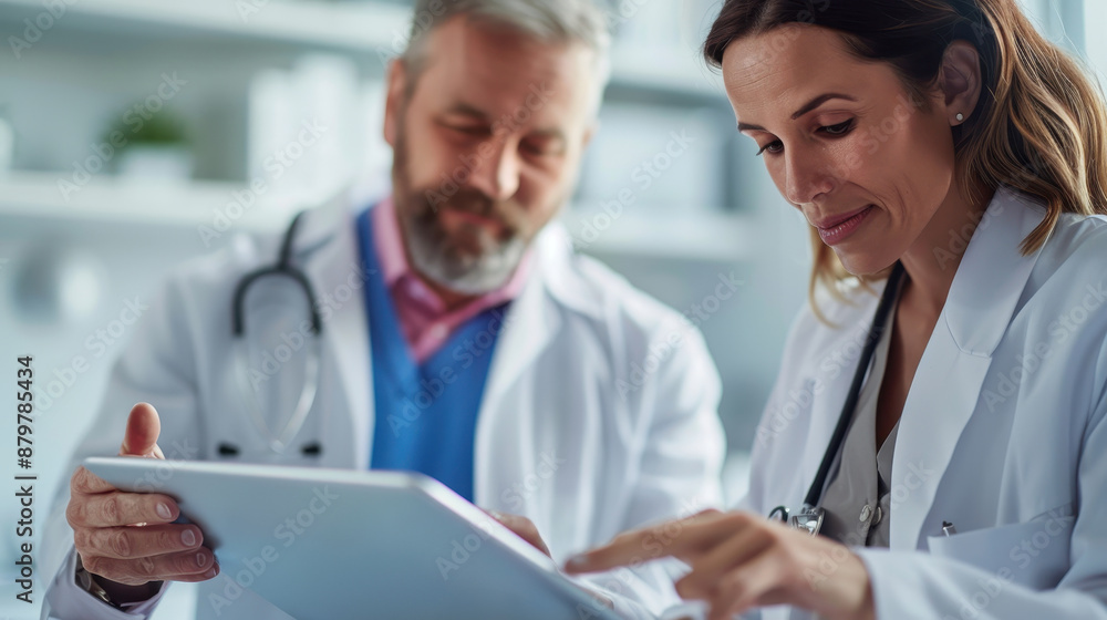 Two doctors in a medical office reviewing patient information on a digital tablet, symbolizing teamwork and modern healthcare technology. Two doctors in a medical office reviewing patient information on a digital tablet, symbolizing teamwork and modern healthcare technology.