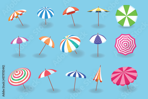 Beach umbrella. Sun protection summer umbrellas different designs recent vector illustrations in cartoon style