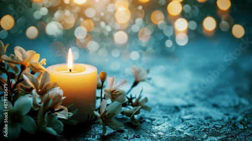 Candlelight and blossoms with bokeh background, funeral, memorial or sympathy card photo