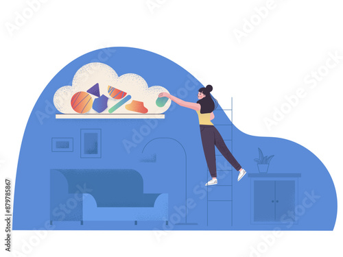 Woman putting items into cloud storage
