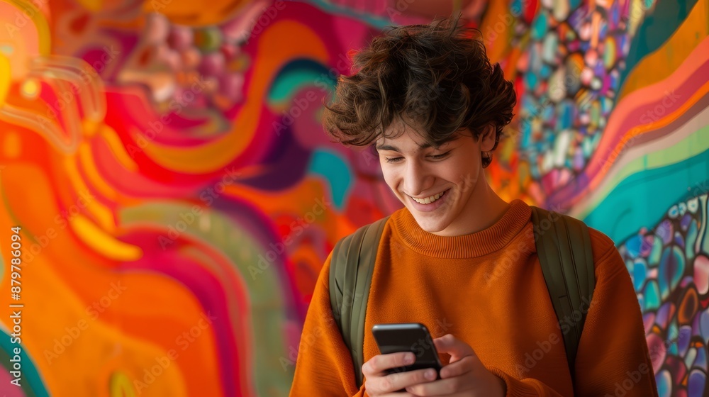 Obraz premium Young man using smartphone, smiling in front of vibrant, colorful urban street art mural. Casual modern lifestyle concept.
