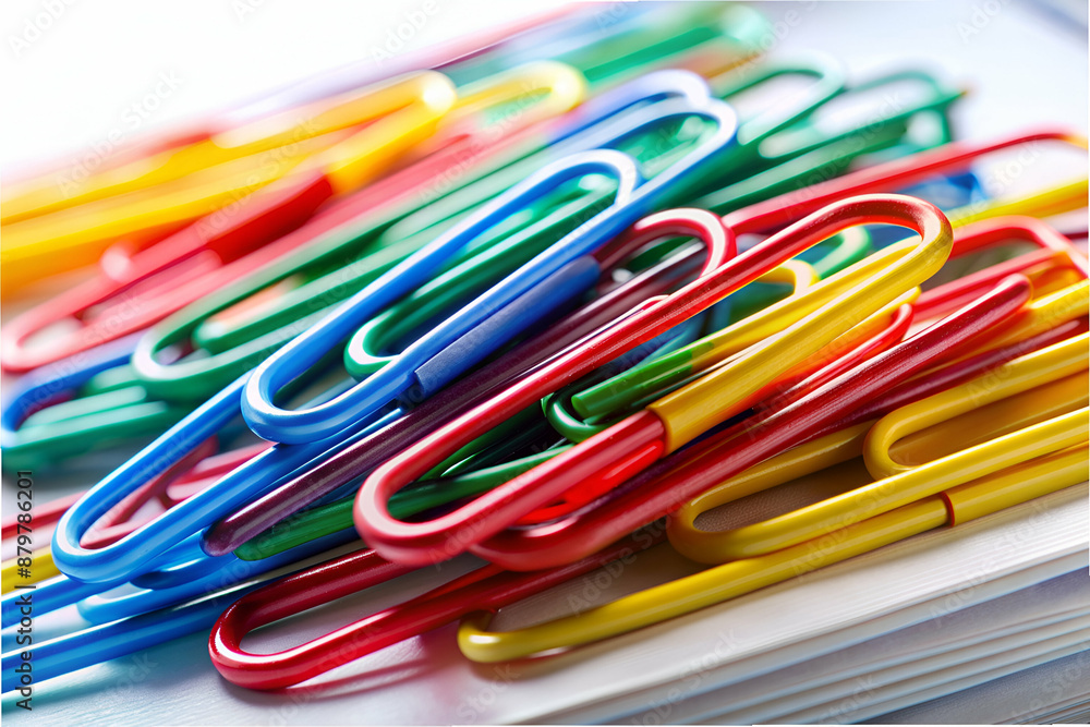 A stack of colorful paper clips on a white surface. The paper clips are of different colors and sizes, and they are arranged in a way that they are not touching each other A stack of colorful paper clips on a white surface. The paper clips are of different colors and sizes, and they are arranged in a way that they are not touching each other