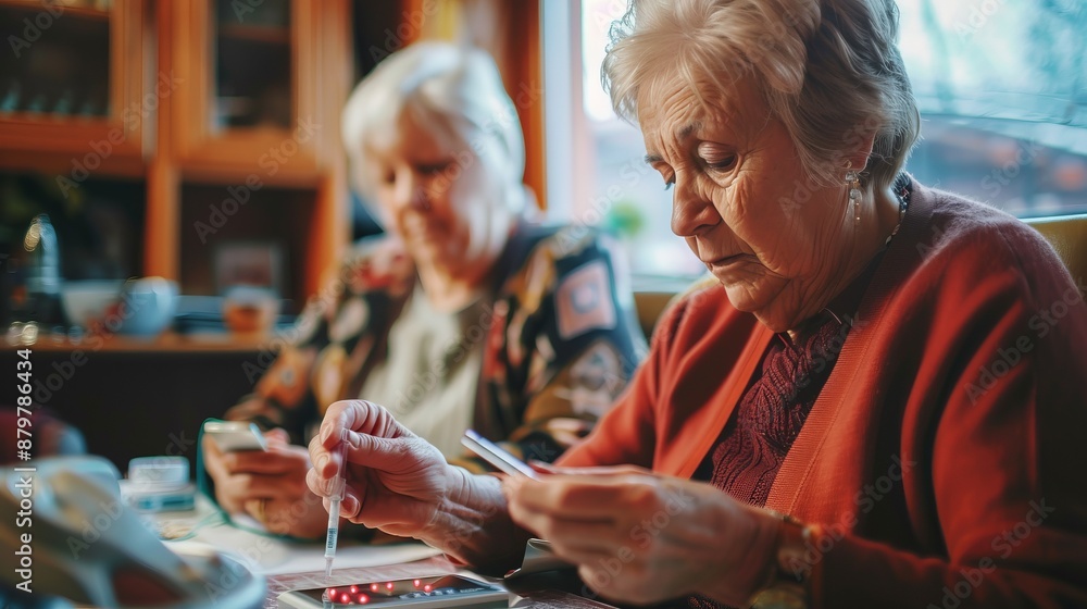 Two elderly women are sitting together in a cozy home environment, using their smartphones, perhaps playing a game or browsing the internet, immersed in their activities. Two elderly women are sitting together in a cozy home environment, using their smartphones, perhaps playing a game or browsing the internet, immersed in their activities.
