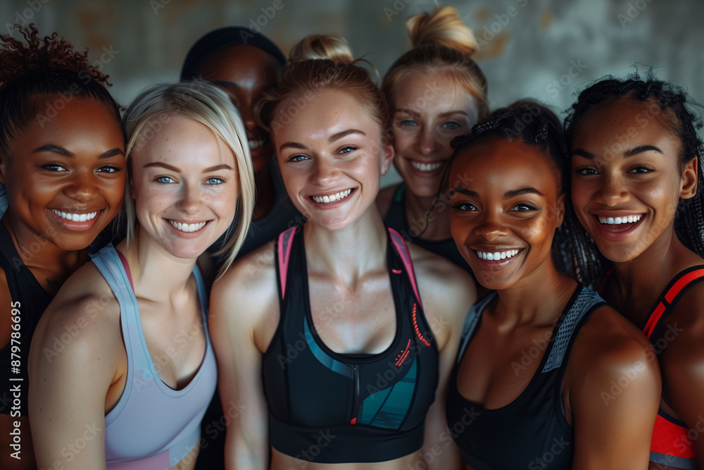 A group of women of different ethnicities in sportswear posing happily and with a positive attitude. Concept of diversity, empowerment, sisterhood, and female well-being. A group of women of different ethnicities in sportswear posing happily and with a positive attitude. Concept of diversity, empowerment, sisterhood, and female well-being.