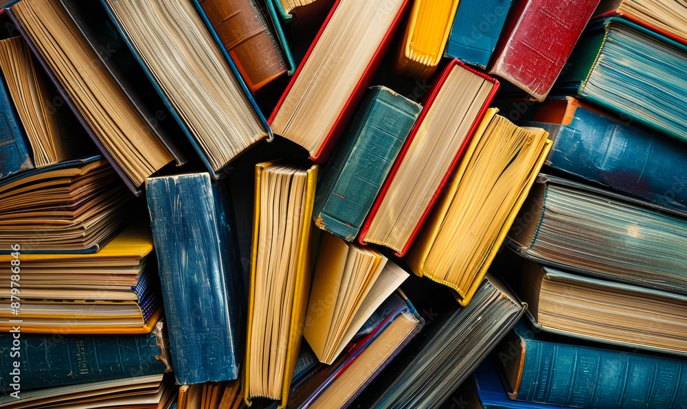 Obraz premium Colorful Stack of Hardcover Books in Organized Deskscape Top View for Educational and Literary Themes