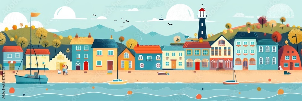 Colorful Seaside Town with Lighthouse. Colorful Seaside Town with Lighthouse.