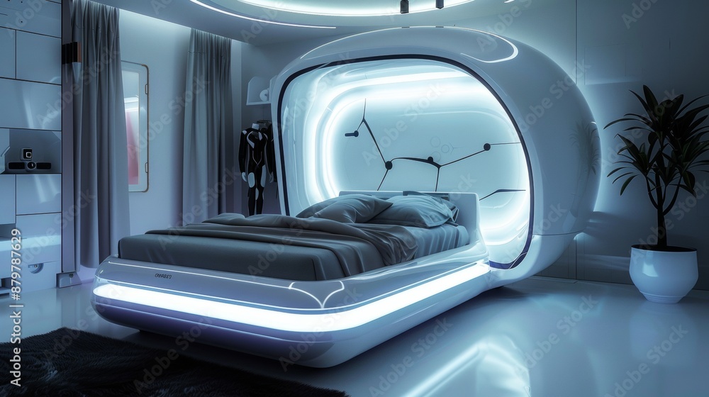 Futuristic Bedroom With Curved Bed and Illuminated Headboard Futuristic Bedroom With Curved Bed and Illuminated Headboard