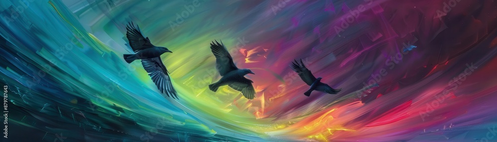 Fototapeta premium Birds in flight through the northern lights, vibrant and surreal, photorealistic and vivid