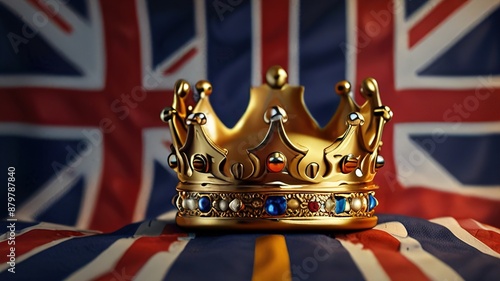 Illustration of Royal golden crown with jewels on golden pillow on red background. Symbols of UK United Kingdom monarchy. Copyspace on the left side of the frame. Generative AI