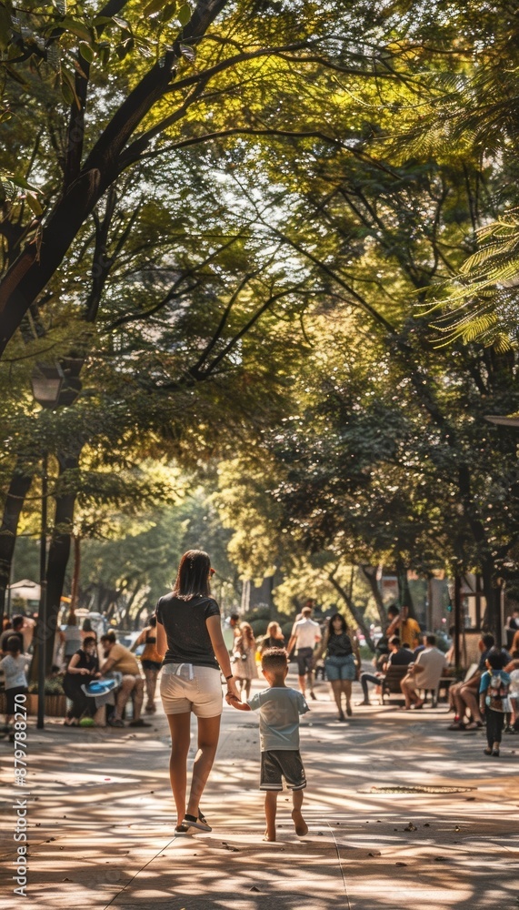 Obraz premium Mother and Child Walking Hand in Hand Through Bustling City Park Under Tall Trees