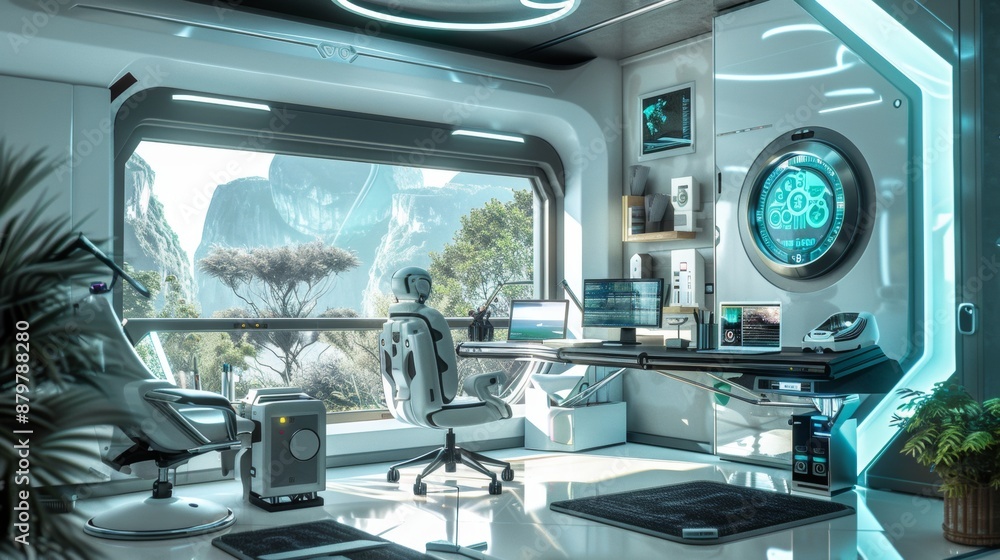 Fototapeta premium Futuristic Office Space With Mountain View and Computer Workstation