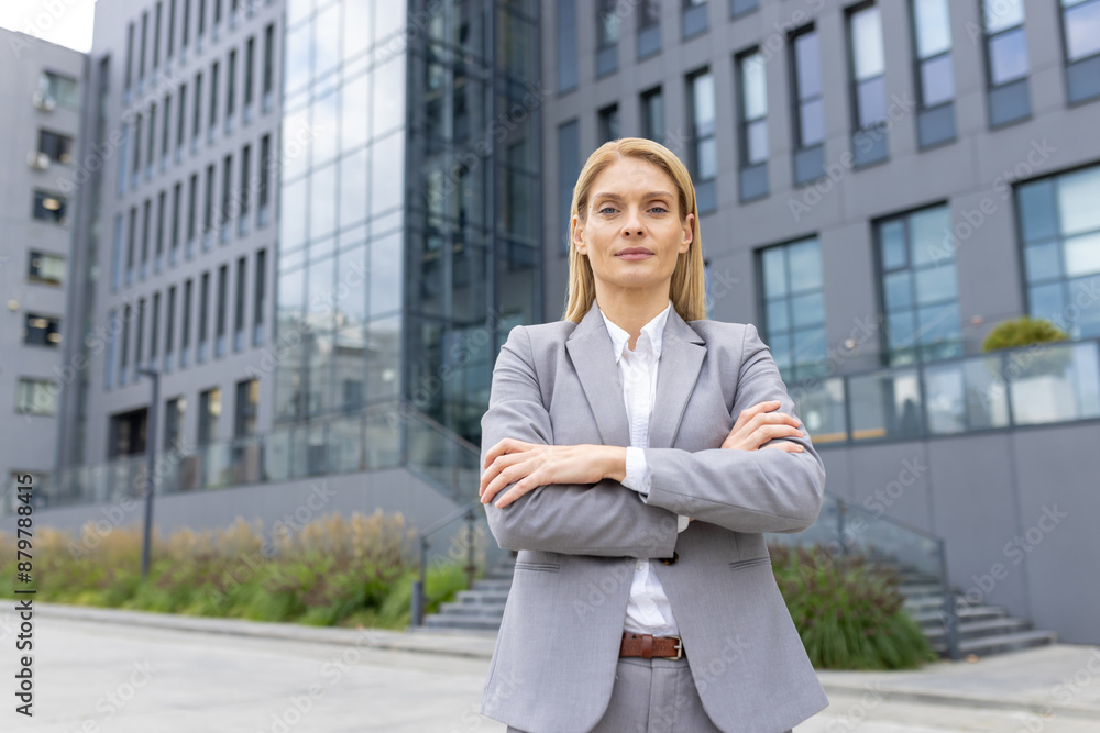 Confident businesswoman standing with arms crossed in front of modern office building. Professional attire, leadership, success. Urban background. Concept of career, business Confident businesswoman standing with arms crossed in front of modern office building. Professional attire, leadership, success. Urban background. Concept of career, business