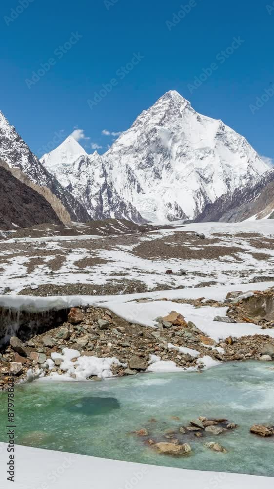 K2 mountain peak, second highest mountain in the world, K2 trek, Pakistan, Asia. Vertical video K2 mountain peak, second highest mountain in the world, K2 trek, Pakistan, Asia. Vertical video