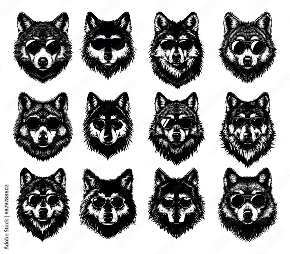 Fototapeta premium Wolves, predator heads with glasses, black and white graphic concepts. Animal avatars in gray color, lineart vector concepts for design, creatures icons, for printing, isolated on white background