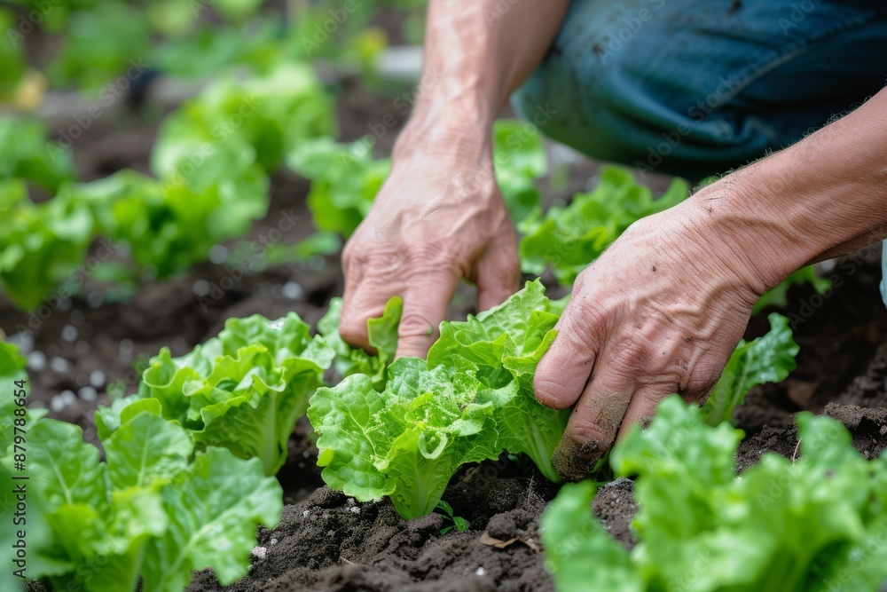 Farmer planting young seedlings of lettuce salad in the vegetable garden Farmer planting young seedlings of lettuce salad in the vegetable garden