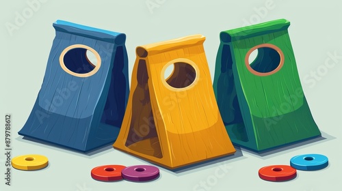 Vivid illustration of three differently colored beanbag toss games, each accompanied by disks. The colorful design highlights fun, competition, and recreational activities for all ages. photo