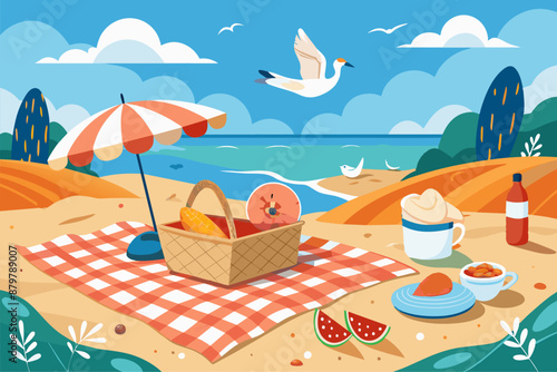 Summer picnic on the beach with umbrella, blanket, and food
