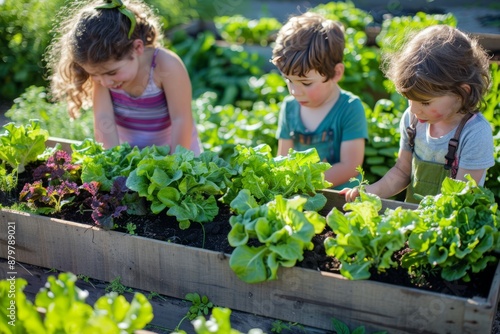 Wallpaper Mural Children at community garden picking lettuce for eating. Boxes filled with soil and with various vegetable plants growing inside, raised bed. Sunny spring evening Torontodigital.ca