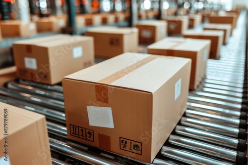 Cardboard Boxes Moving Along Conveyor Belt in Modern Warehouse © denklim