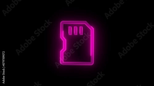 SDCard symbol stroke icon glowing neon animation, Neon icon animated on black background photo