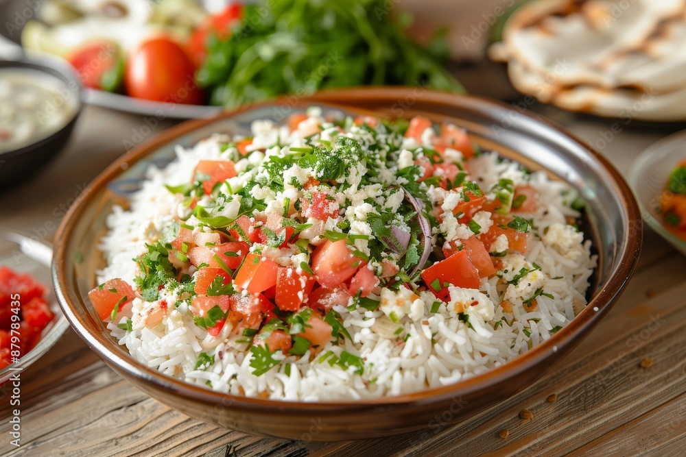 Arabic Tahini Salad with white rice on plate stock image Arabic Tahini Salad with white rice on plate stock image