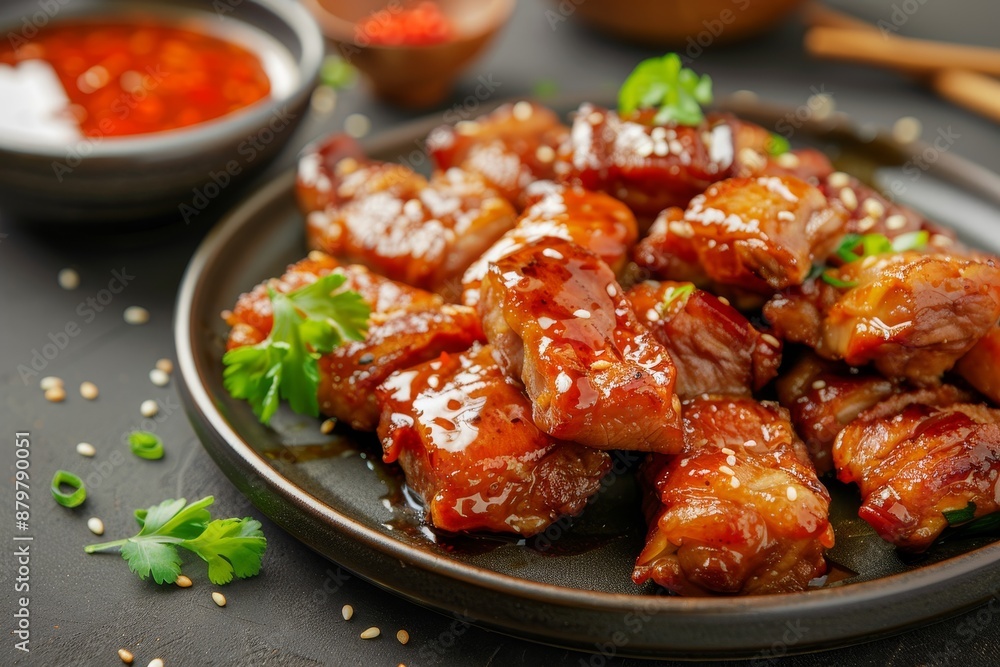 Asian dish with crispy pork belly sweet and sour sauce Asian dish with crispy pork belly sweet and sour sauce