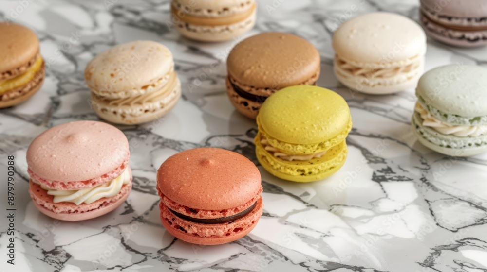Vibrant Assorted Macarons Arranged on Marble Surface for Pastry Lovers and Culinary Designs Vibrant Assorted Macarons Arranged on Marble Surface for Pastry Lovers and Culinary Designs