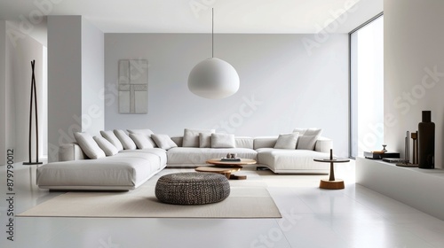 Modern White Sectional Sofa in Minimalist Living Room With Large Window and Pendant Light