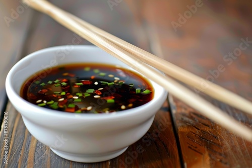 Asian dipping sauce with chopsticks on bowl