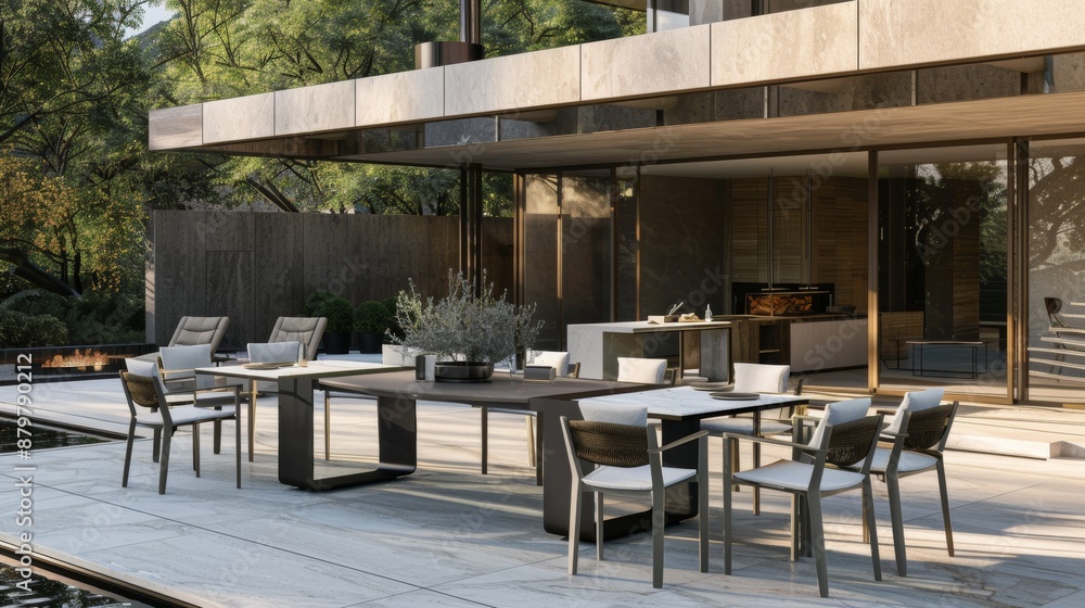 Fototapeta premium Modern Outdoor Dining Area With Patio Furniture and Pool