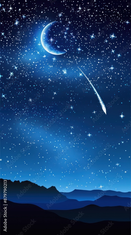 Night Sky with Crescent Moon and Shooting Star Over Mountains. Night Sky with Crescent Moon and Shooting Star Over Mountains.