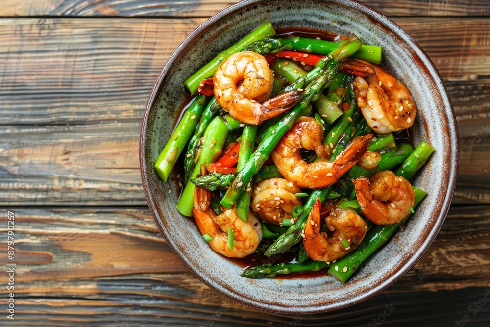 Asian homemade style food concept featuring stir fried asparagus and shrimp with oyster sauce in a ceramic dish on a wooden table from a top view perspe Asian homemade style food concept featuring stir fried asparagus and shrimp with oyster sauce in a ceramic dish on a wooden table from a top view perspe
