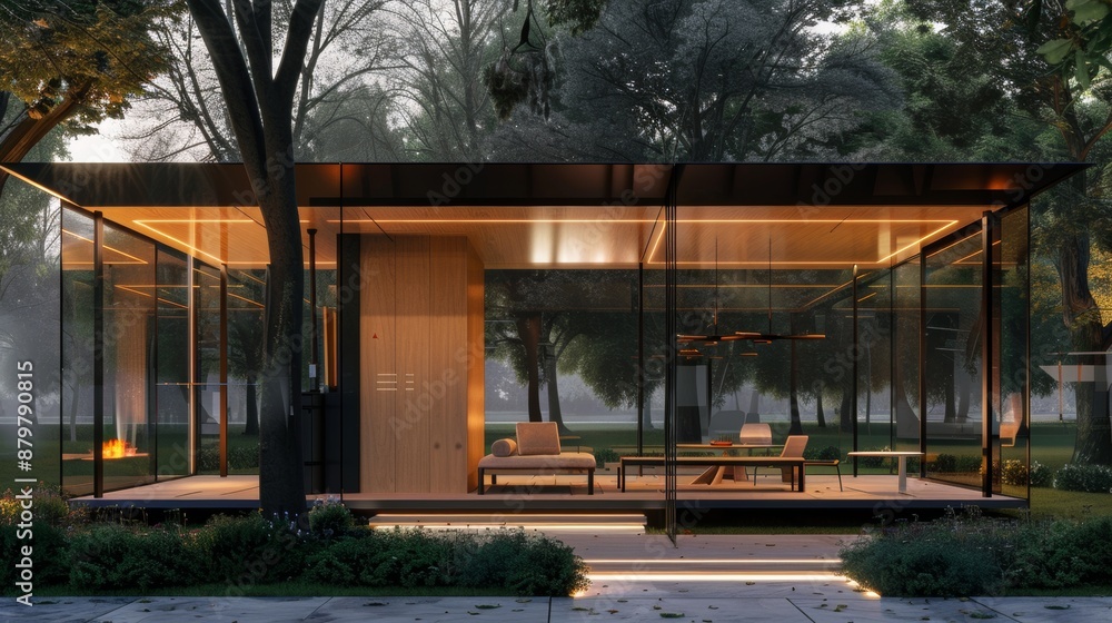 Modern Glass House With Wooden Interior and Outdoor Patio at Dusk Modern Glass House With Wooden Interior and Outdoor Patio at Dusk