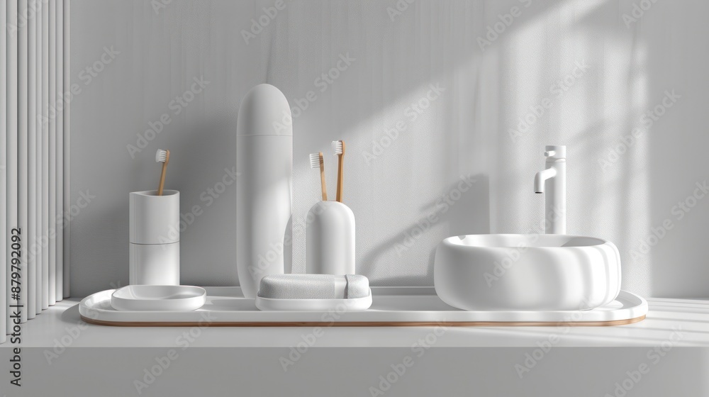 A white bathroom set with a toothbrush, soap, and a cup. Generate AI image A white bathroom set with a toothbrush, soap, and a cup. Generate AI image