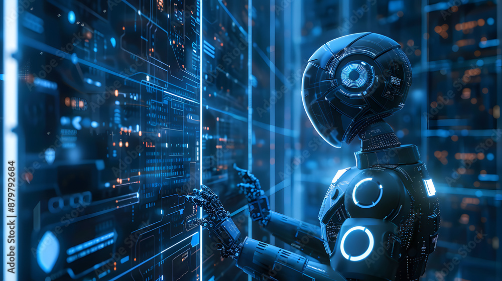 Advanced Humanoid Robot Interacting with a High-Tech Holographic Interface in a Futuristic Cyberpunk Environment, Showcasing Cutting-Edge AI Technology Advanced Humanoid Robot Interacting with a High-Tech Holographic Interface in a Futuristic Cyberpunk Environment, Showcasing Cutting-Edge AI Technology