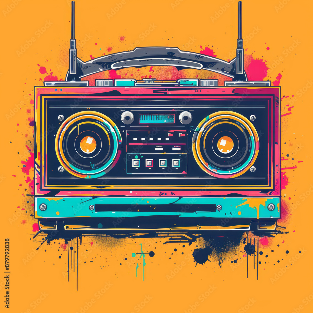 Fototapeta premium Boombox Vibes Retro boombox with vibrant graffiti-style elements, Professional tshirt design vector,generative ai