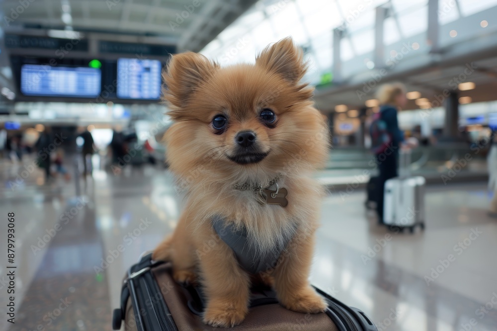 Cute Fluffy Pomeranian Puppy Sitting on Suitcase in Busy Modern Airport Terminal Cute Fluffy Pomeranian Puppy Sitting on Suitcase in Busy Modern Airport Terminal