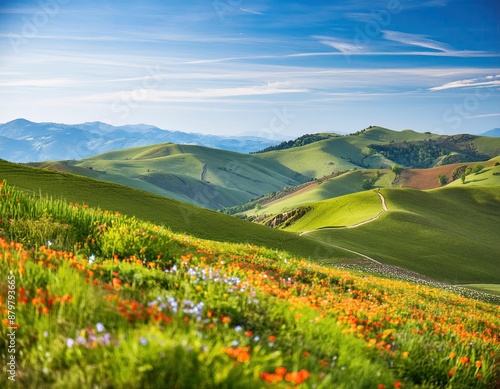 a field of flowers in the foothills of the italian alps photo