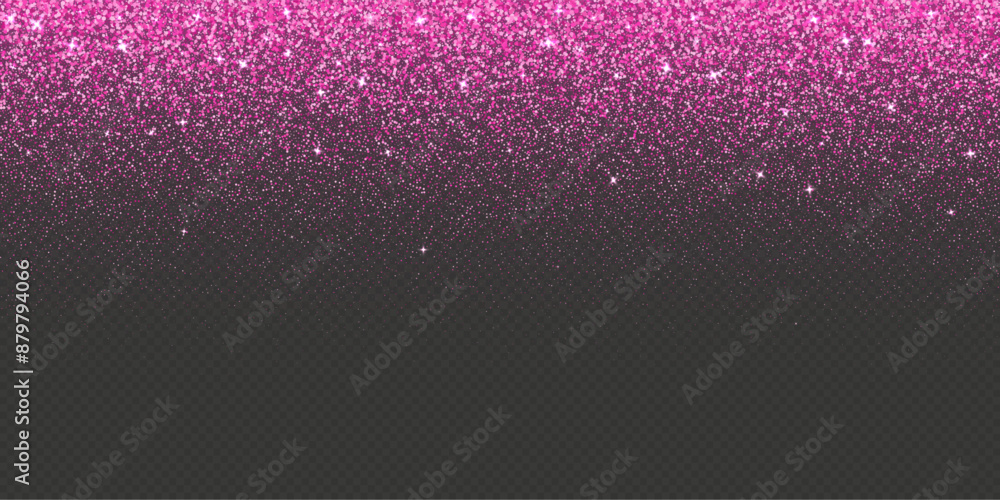 Obraz premium Pink falling glitter, shiny confetti with glowing sparkles, shimmer spray effect, festive holiday particles isolated on a dark background. Vector illustration.
