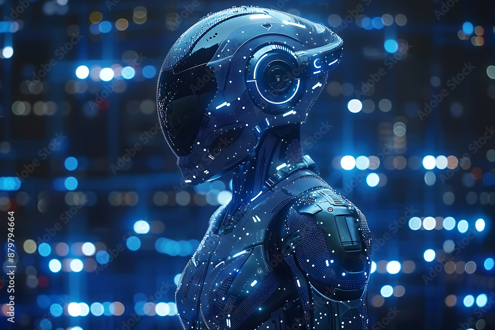 A futuristic mech or robot, intricately designed in the wireframe style, set against a dark blue background, showcasing advanced technology and sleek engineering A futuristic mech or robot, intricately designed in the wireframe style, set against a dark blue background, showcasing advanced technology and sleek engineering